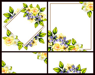 Klasik çiçek düğün kartları seti. Çiçek elementleri ve çerçeveleri.