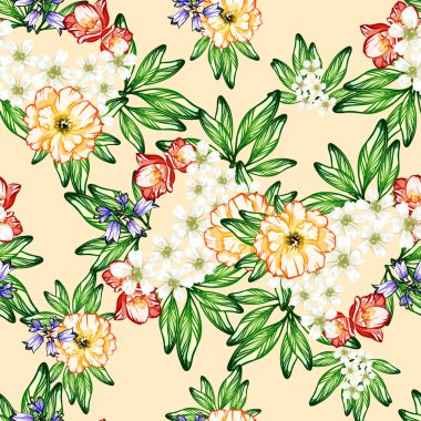 Sorunsuz vintage tarzı çiçek deseni. Renkli çiçek öğeleri