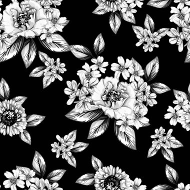 Sorunsuz vintage tarzı çiçek deseni. Siyah ve beyaz çiçek öğeleri.