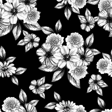 Sorunsuz vintage tarzı çiçek deseni. Siyah ve beyaz çiçek öğeleri.