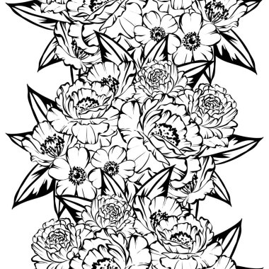 Sorunsuz vintage tarzı çiçek deseni. Siyah ve beyaz çiçek öğeleri.