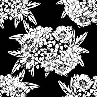 Sorunsuz vintage tarzı çiçek deseni. Siyah ve beyaz çiçek öğeleri.