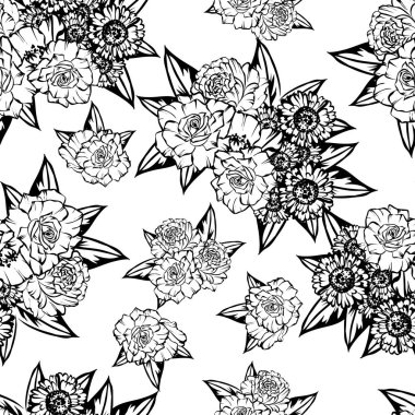 Sorunsuz vintage tarzı çiçek deseni. Siyah ve beyaz çiçek öğeleri.