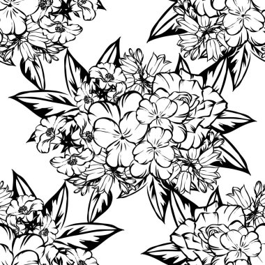 Sorunsuz vintage tarzı çiçek deseni. Siyah ve beyaz çiçek öğeleri.