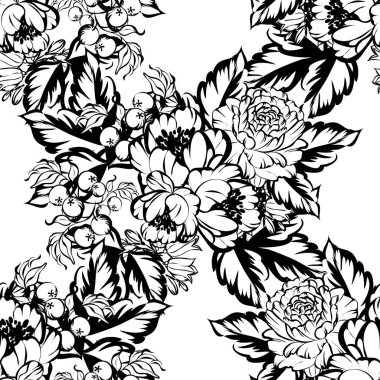 Sorunsuz vintage tarzı çiçek deseni. Siyah ve beyaz çiçek öğeleri.
