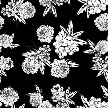 Sorunsuz vintage tarzı çiçek deseni. Siyah ve beyaz çiçek öğeleri.