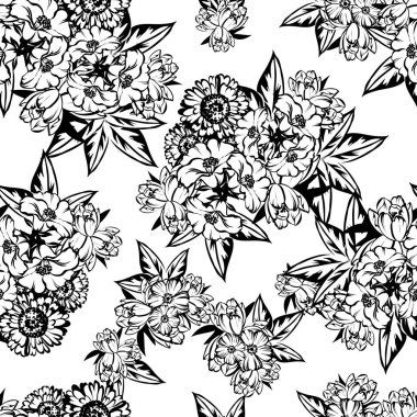 Sorunsuz vintage tarzı çiçek deseni. Siyah ve beyaz çiçek öğeleri.