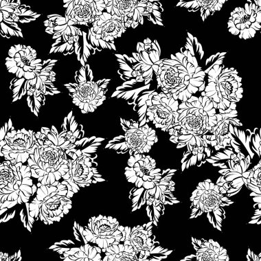 Sorunsuz vintage tarzı çiçek deseni. Siyah ve beyaz çiçek öğeleri.