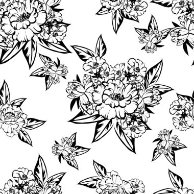 Sorunsuz vintage tarzı çiçek deseni. Siyah ve beyaz çiçek öğeleri.