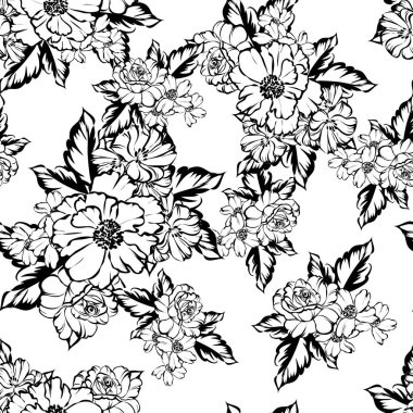 Sorunsuz vintage tarzı çiçek deseni. Siyah ve beyaz çiçek öğeleri.