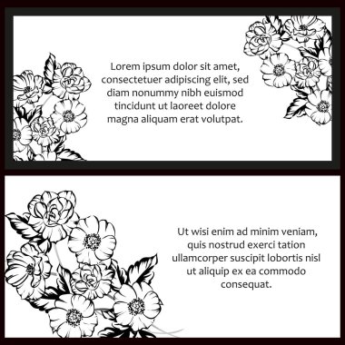 Siyah-beyaz klasik çiçek düğün kartları. Çiçek elementleri ve çerçeveleri.