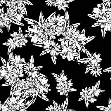 Sorunsuz vintage tarzı çiçek deseni. Siyah ve beyaz çiçek öğeleri.