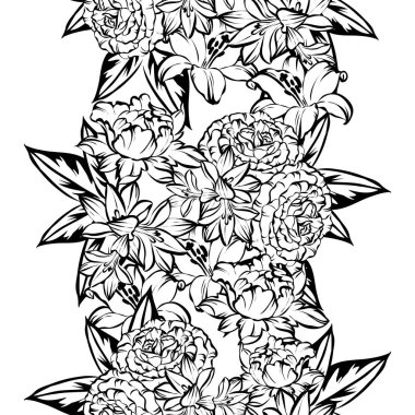 Sorunsuz vintage tarzı çiçek deseni. Siyah ve beyaz çiçek öğeleri.