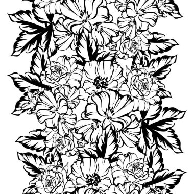 Sorunsuz vintage tarzı çiçek deseni. Siyah ve beyaz çiçek öğeleri.