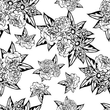 Sorunsuz vintage tarzı çiçek deseni. Siyah ve beyaz çiçek öğeleri.