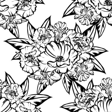 Sorunsuz vintage tarzı çiçek deseni. Siyah ve beyaz çiçek öğeleri.
