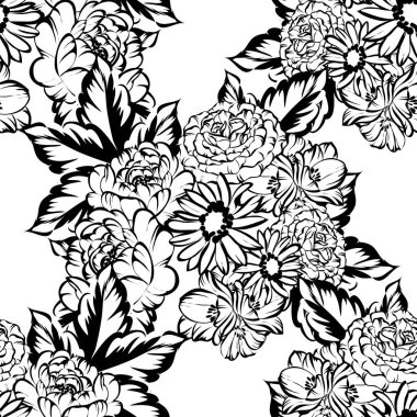 Sorunsuz vintage tarzı çiçek deseni. Siyah ve beyaz çiçek öğeleri.
