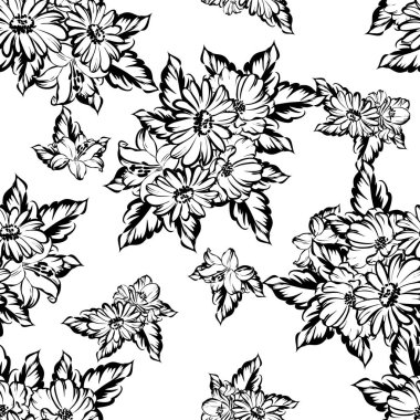 Sorunsuz vintage tarzı çiçek deseni. Siyah ve beyaz çiçek öğeleri.