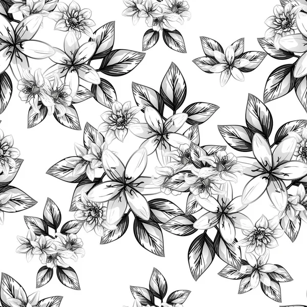 Seamless Vintage Style Flower Pattern Floral Elements Black White — Stock Vector