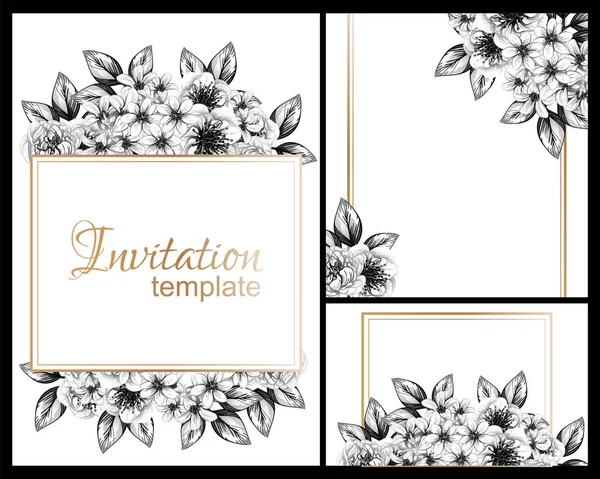 Cartes Mariage Fleurs Style Vintage Noir Blanc Eléments Floraux Cadres — Image vectorielle