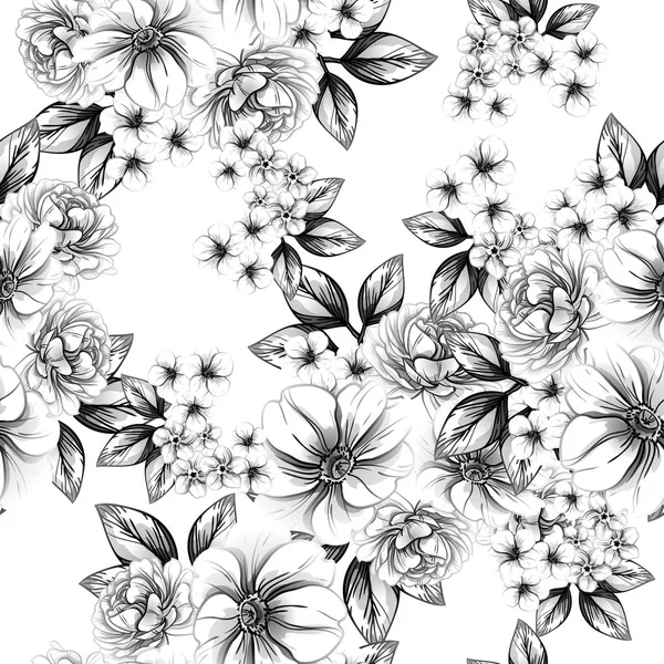 Seamless Vintage Style Flower Pattern Floral Elements Black White — Stock Vector