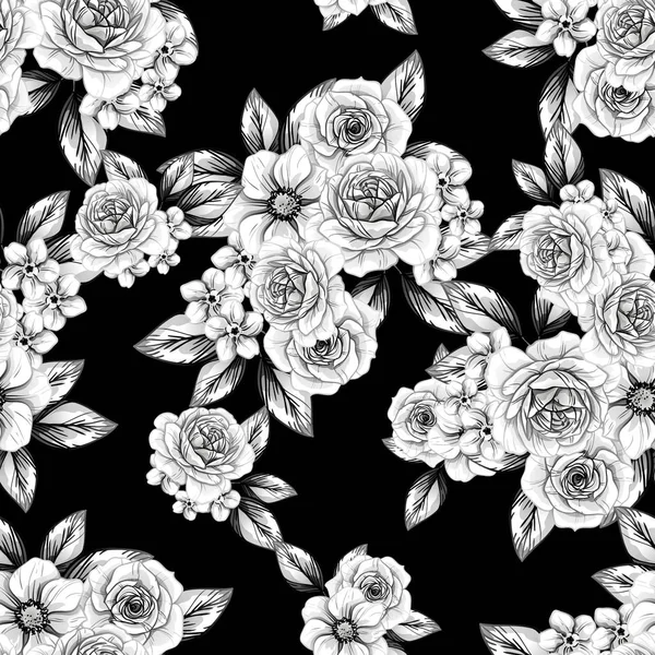 Nahtlose Blumenmuster Vintage Stil Florale Elemente Schwarz Und Weiß — Stockvektor