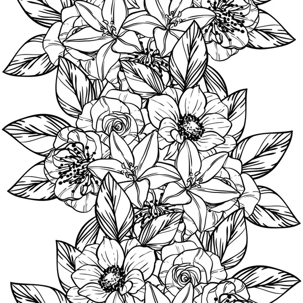 Seamless Vintage Style Flower Pattern Floral Elements Black White — Stock Vector