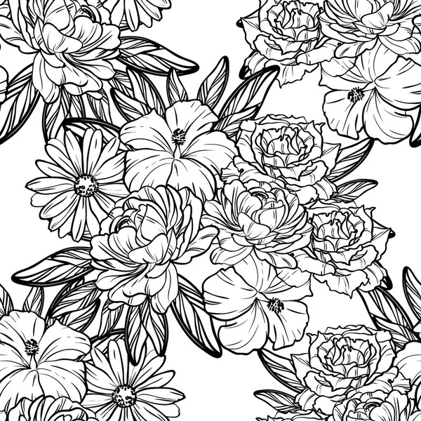 Patrón Flores Estilo Vintage Sin Costuras Elementos Florales Blanco Negro — Vector de stock