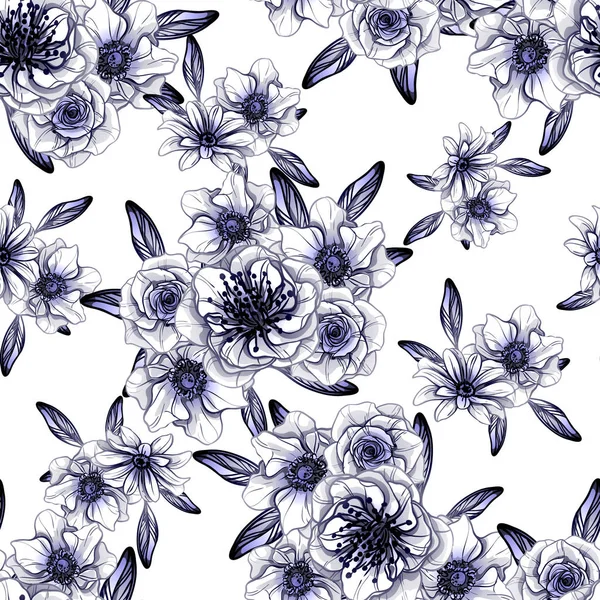 Style Vintage Sans Couture Motif Fleurs Bleu Foncé Éléments Floraux — Image vectorielle