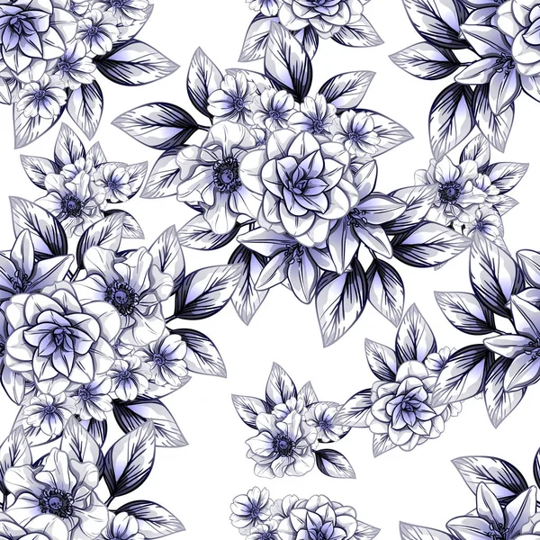 Estilo Vintage Sin Costuras Patrón Flores Azul Oscuro Elementos Florales — Vector de stock