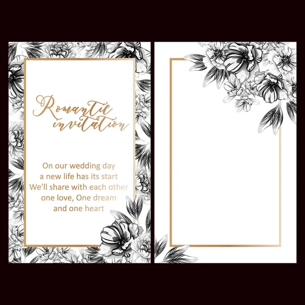 Cartes Mariage Fleurs Style Vintage Noir Blanc Eléments Floraux Cadres — Image vectorielle