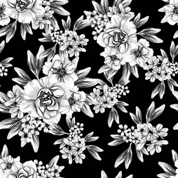 Modello Fiore Stile Vintage Senza Cuciture Elementi Floreali Bianco Nero — Vettoriale Stock