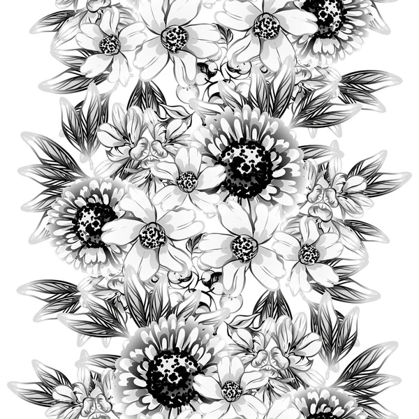 シームレスなビンテージ スタイルの花柄 黒と白の花の要素 — ストックベクタ