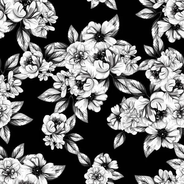 Patrón Flores Estilo Vintage Sin Costuras Elementos Florales Blanco Negro — Vector de stock