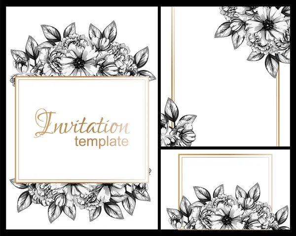 Vintage Style Flower Wedding Cards Set Black White Floral Elements — Stock Vector
