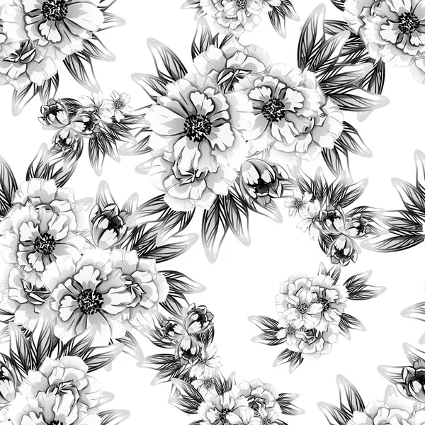 Seamless Vintage Style Flower Pattern Floral Elements Black White — Stock Vector