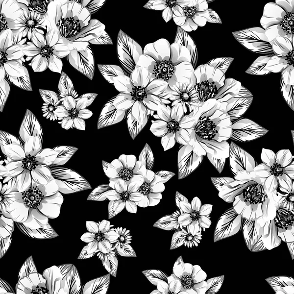 Padrão Flor Estilo Vintage Sem Costura Elementos Florais Preto Branco — Vetor de Stock