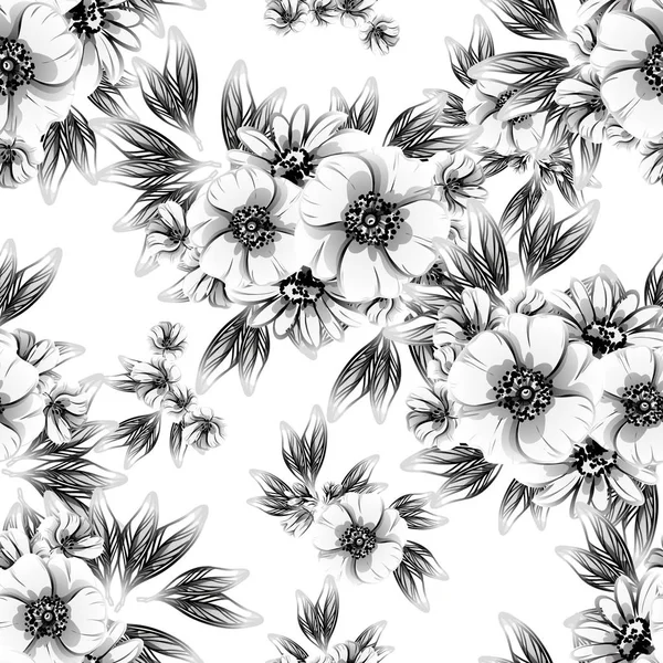 Patrón Flores Estilo Vintage Sin Costuras Elementos Florales Blanco Negro — Vector de stock