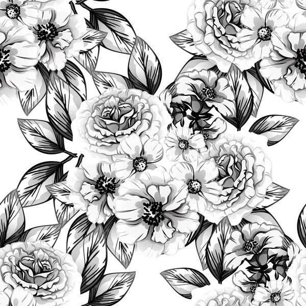 Patrón Flores Estilo Vintage Sin Costuras Elementos Florales Blanco Negro — Archivo Imágenes Vectoriales