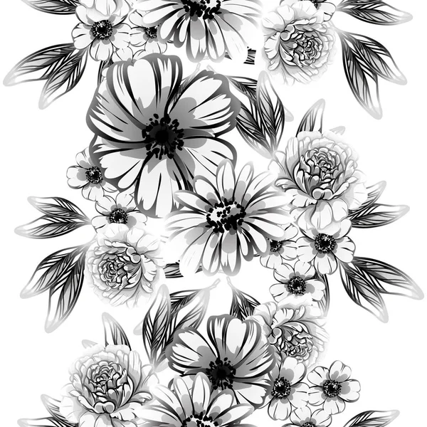 Seamless Vintage Style Flower Pattern Floral Elements Black White — Stock Vector