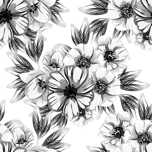 Seamless Vintage Style Flower Pattern Floral Elements Black White — Stock Vector