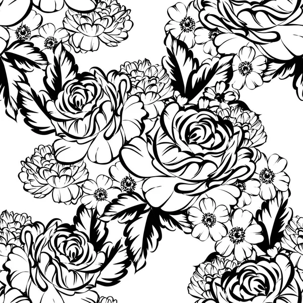 Naadloze Vintage Stijl Bloemenpatroon Floral Elementen Zwart Wit — Stockvector