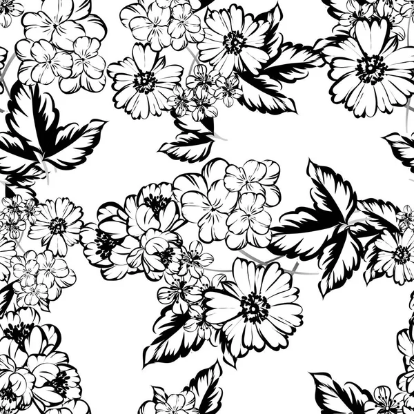 Patrón Flores Estilo Vintage Sin Costuras Elementos Florales Blanco Negro — Vector de stock