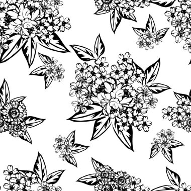 Sorunsuz vintage tarzı çiçek deseni. Siyah ve beyaz çiçek öğeleri.