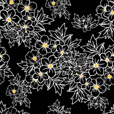 Sorunsuz vintage tarzı çiçek deseni. Siyah ve beyaz çiçek öğeleri.