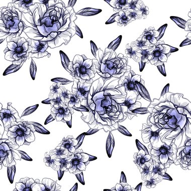 Sorunsuz vintage tarzı koyu mavi çiçek deseni. Çiçek öğeleri.