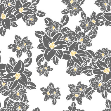 Sorunsuz vintage tarzı çiçek deseni. Siyah ve beyaz çiçek öğeleri.