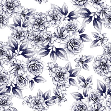 Sorunsuz vintage tarzı koyu mavi çiçek deseni. Çiçek öğeleri.