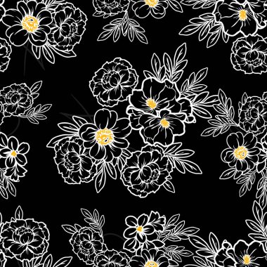 Sorunsuz vintage tarzı çiçek deseni. Siyah ve beyaz çiçek öğeleri.