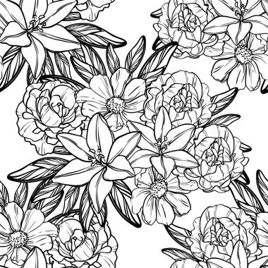 Sorunsuz vintage tarzı çiçek deseni. Siyah ve beyaz çiçek öğeleri.